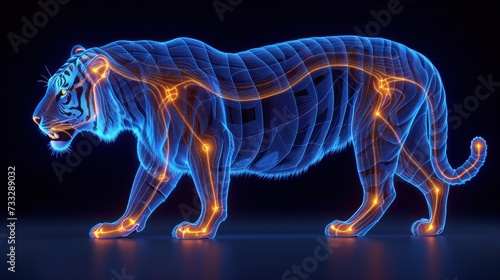 a 3d image of a tiger s tail and tail  with glowing lights on it s body  against a black background.