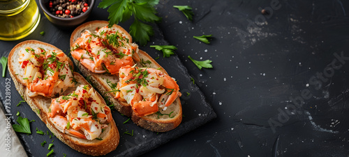 Toasted baguette slices topped with seasoned crabmeat and fresh herbs. Copy space