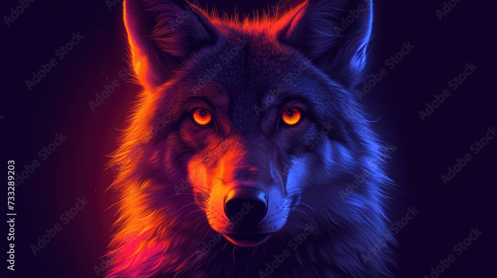 a close up of a wolf's face with a red, orange, and blue light in the background.