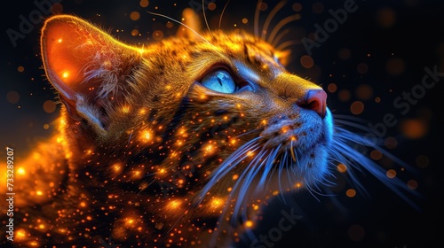 a close up of a cat's face with a blurry background of yellow and blue lights around it.