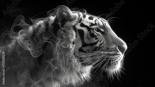 a black and white photo of a tiger's face with smoke coming out of it's back end. photo