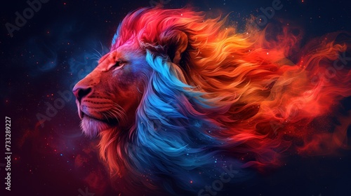 a close up of a lion's face with red, blue, and orange smoke coming out of it. © Jevjenijs