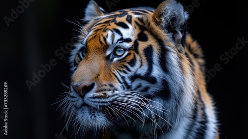 a close up of a tiger s face on a black background with a blurry image of the tiger s face.