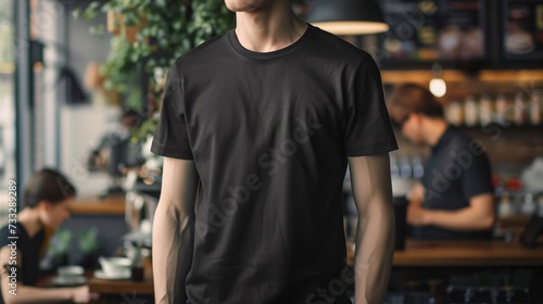 Young Model Shirt Mockup, man wearing black t-shirt in coffee shop in daylight, Shirt Mockup Template on hipster adult for design print, Male guy wearing casual t-shirt mockup placement
