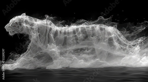 a black and white photo of a tiger on a body of water with a lot of smoke coming out of it.