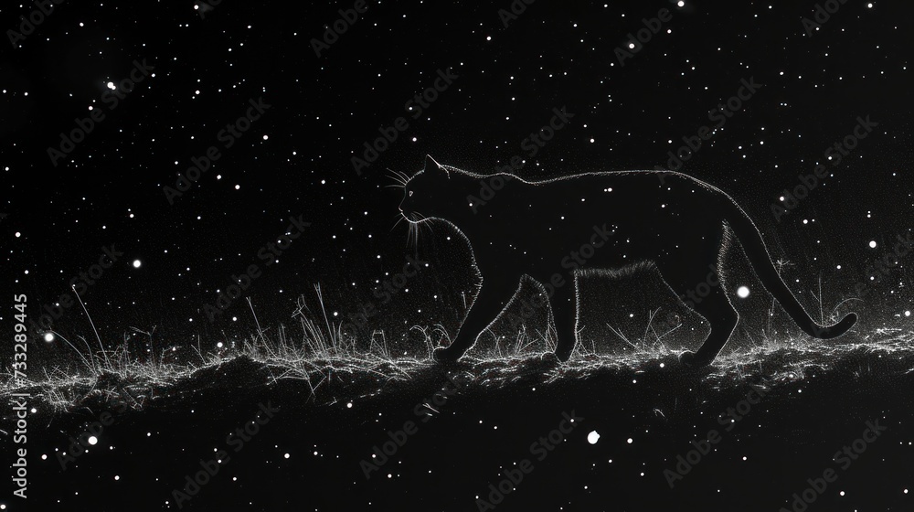 a black and white photo of a cat walking in the grass at night with stars in the sky behind it.