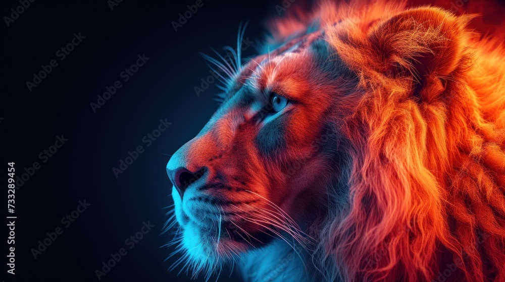 a close up of a lion's face with a blue and red light coming from it's eyes.