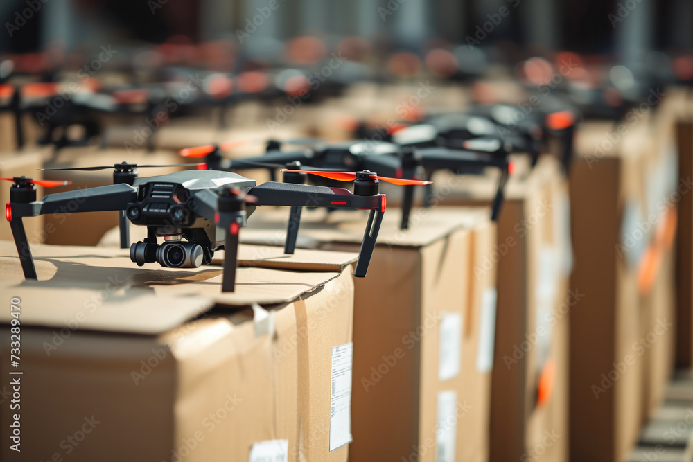 Fototapeta premium Endless rows of newly produced FPV drones in a factory setting, ready for deployment, underscore the vast production efforts that might support military operations in situations similar to the