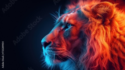 a close up of a lion's face with a blue and red light coming from it's eyes. © Jevjenijs