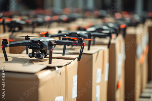 Endless rows of newly produced FPV drones in a factory setting, ready for deployment, underscore the vast production efforts that might support military operations in situations similar to the