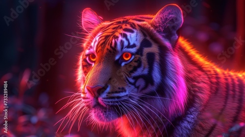 a close up of a tiger s face with a red light on it s left eye and a blurry background.