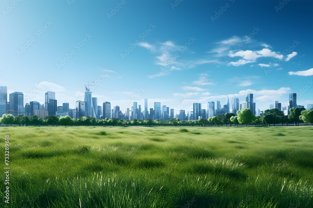Fototapeta premium View of the city from a field far from the city on a cloudy clear day