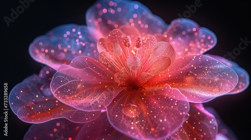 a close up of a pink flower with lots of water droplets on it's petals and a black background.