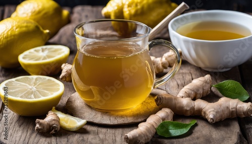 A glass of tea with lemon and ginger