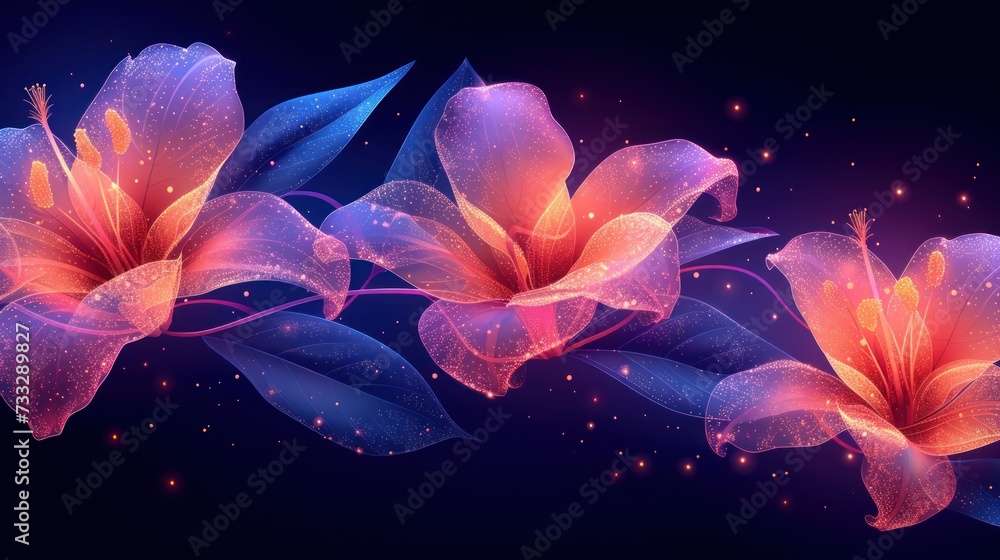three pink flowers with blue leaves on a purple and blue background with sparkling stars and sparkles in the background.
