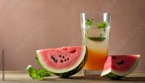 A glass of lemonade with a slice of watermelon on a table