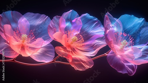 a group of pink and blue flowers on a black background with a pink stem in the middle of the picture. photo