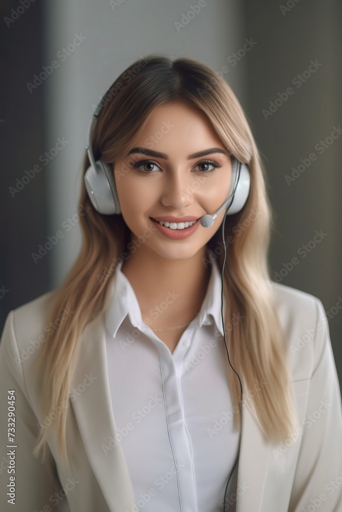 portrait of a woman call center operator with headphones portrait of a woman call center operator with headphones