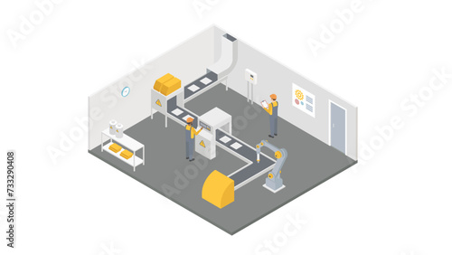 Conveyor belt in the logistics center concept. Warehouse staff working isometry. Sorting parcels vector illustration.