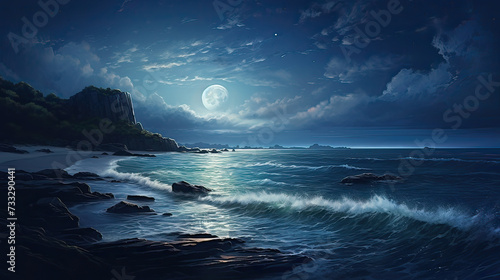 Nighttime Tranquility with Moonlit Waves Background Ai Generative