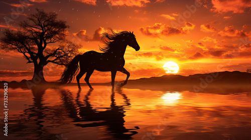 Majestic Horse Silhouette in Sunset Background Ai Generative