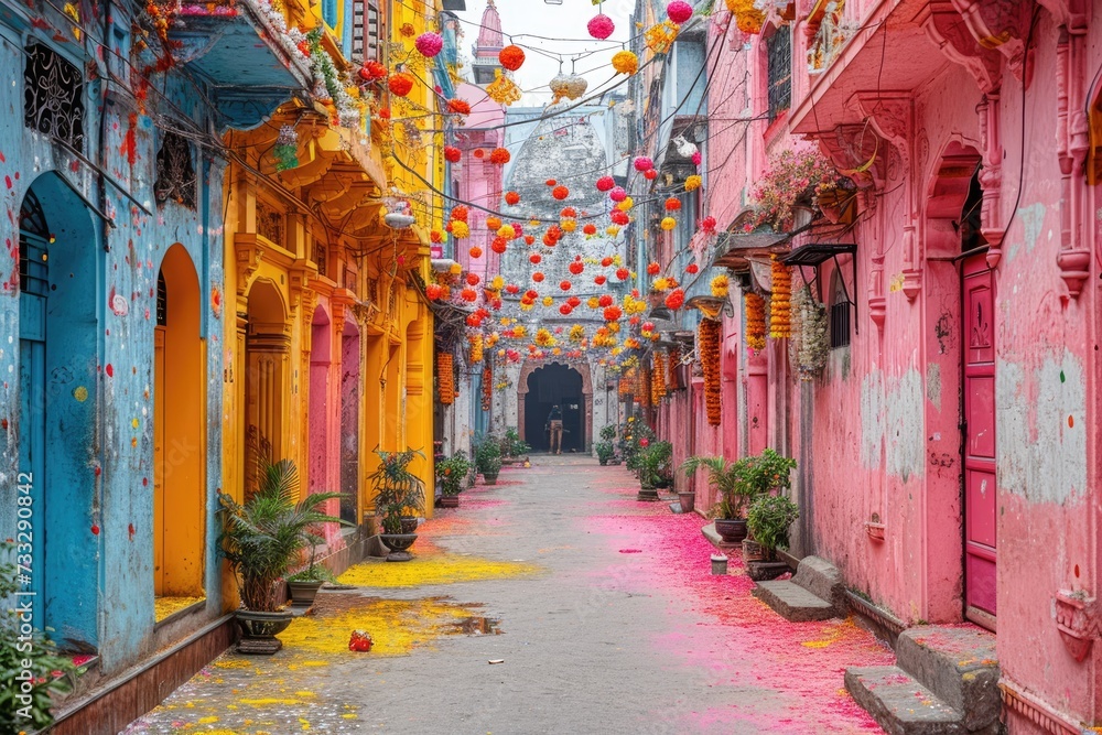 Fototapeta premium An empty street is bathed in the soft light of morning, its surface adorned with vibrant colors from the Holi festival, exuding a serene post-celebration atmosphere