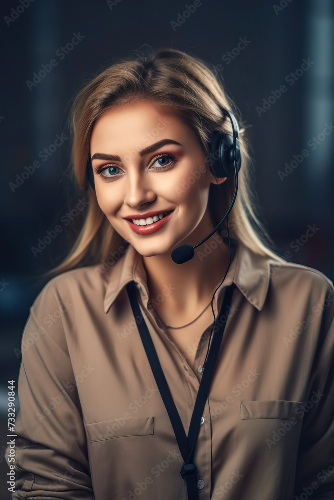 portrait of a woman call center operator with headphones portrait of a woman call center operator with headphones