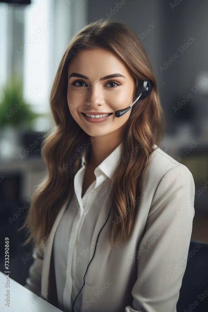portrait of a woman call center operator with headphones portrait of a woman call center operator with headphones