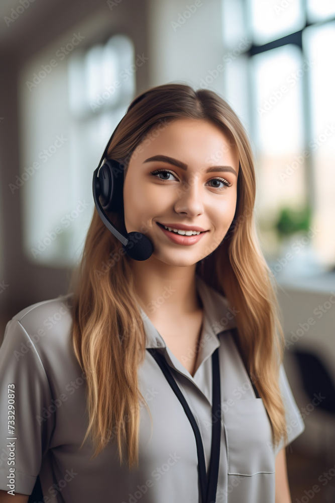 portrait of a woman call center operator with headphones portrait of a woman call center operator with headphones