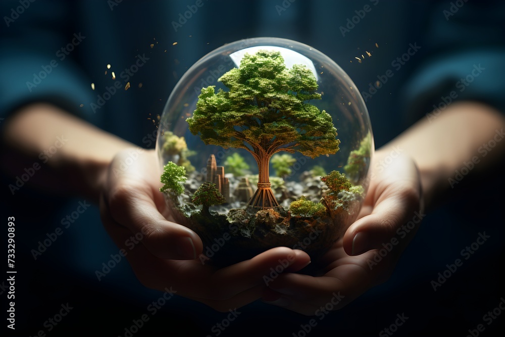 Tree on dirt inside a round transparent glass ball held in both hands Tree on dirt inside a round transparent glass ball held in both hands