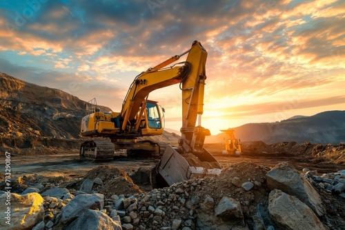 Yellow Excavator on Top of Pile of Rocks in background outdoor sunset sky