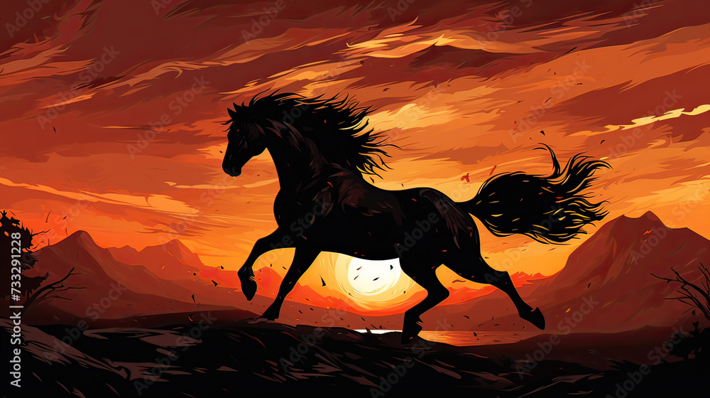 Majestic Horse Silhouette in Sunset Background Ai Generative