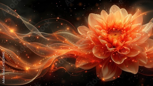a close up of a flower on a black background with orange and white swirls and stars in the background.
