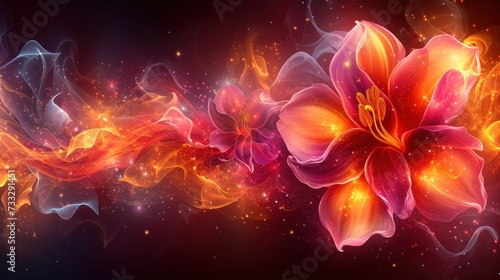 a flower that is in the middle of a fire and ice pattern on a black background with red  yellow  and orange swirls.