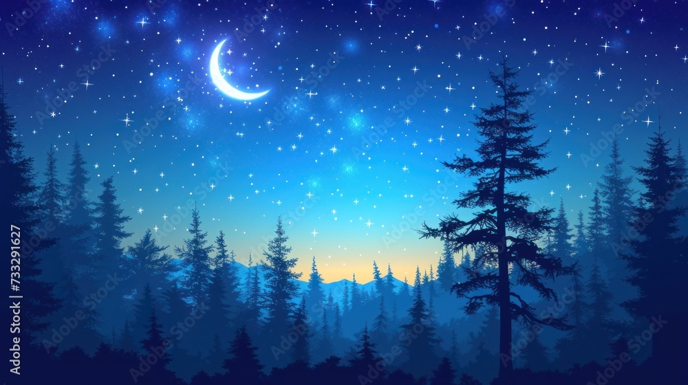 a night scene with a full moon and stars in the sky above a forest with pine trees and a crescent moon. a night scene with a full moon and stars in the sky above a forest with pine trees and a crescent moon.