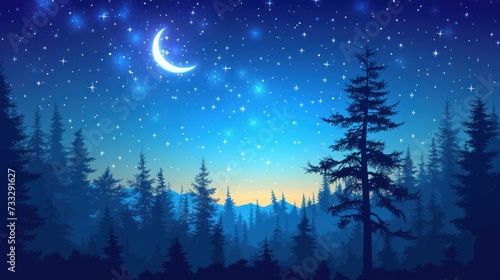 a night scene with a full moon and stars in the sky above a forest with pine trees and a crescent moon.