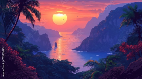 a painting of a sunset over a body of water with a boat in the middle of the water and palm trees in the foreground.