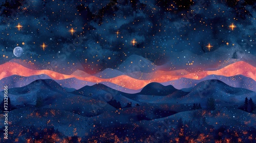 a painting of a night sky with stars and mountains in the foreground and a full moon in the distance.