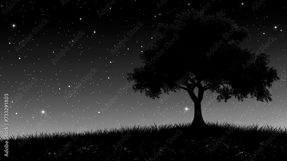 a black and white photo of a tree on a hill at night with the stars in the sky above it. a black and white photo of a tree on a hill at night with the stars in the sky above it.