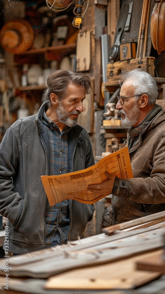 Elderly and ageing individuals Talking with a male customer, a Caucasian carpenter explains the idea and order while creating homemade wooden furniture.
