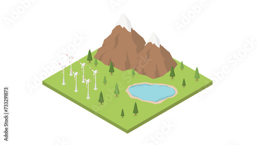 Eco friendly and green energy landscape with wind turbines isometry. Eco friendly alternative energy sources concept. Green nature on isometric landscape background,vector illustration.