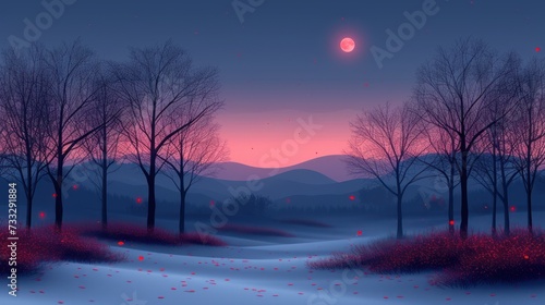 a painting of a snowy landscape with trees in the foreground and a full moon in the sky in the background.