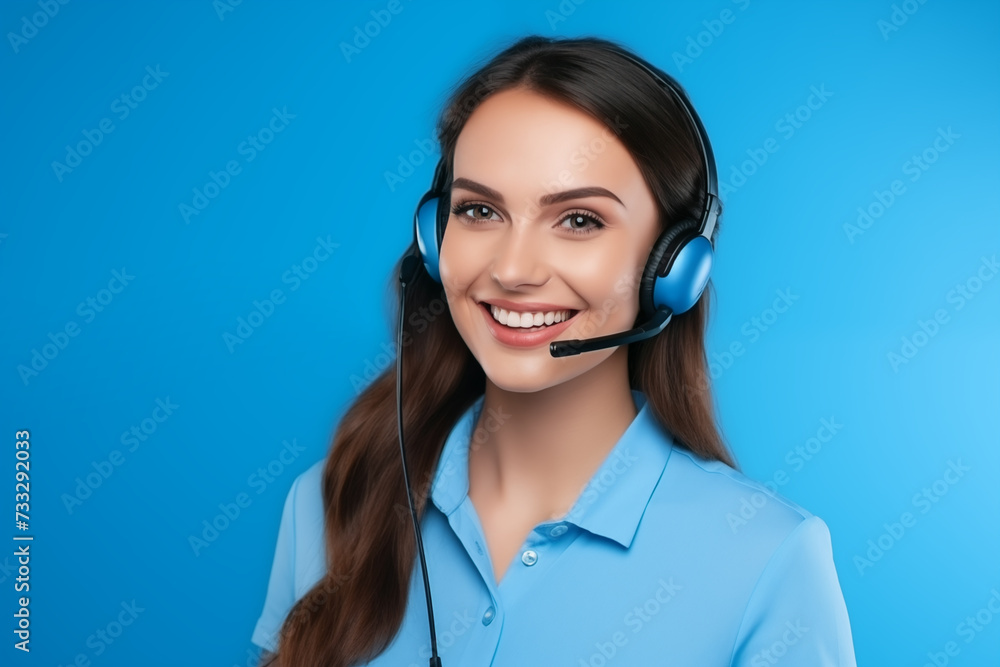 Portrait of a girl call center operator in headphones with a microphone on a blue background. Portrait of a girl call center operator in headphones with a microphone on a blue background.