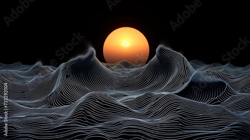 a computer generated image of a sunset over a body of water with waves in the foreground and mountains in the background.