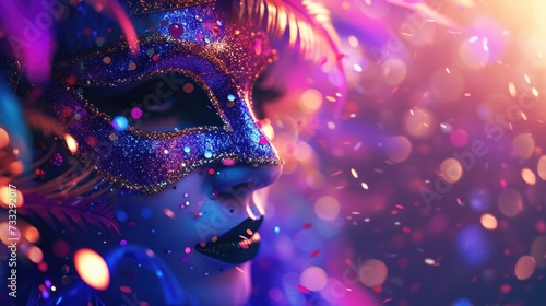 The image captures a close-up of a person adorned with a blue and gold masquerade mask covered in glitter, complemented by soft feathers on the side, set against a backdrop of a dreamy bokeh effect fe