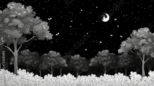 a black and white drawing of a night sky with trees and a half moon in the distance with a black and white background. photo