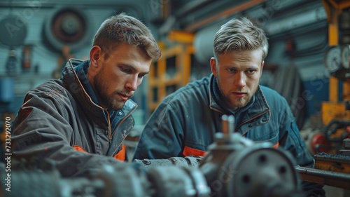 Two mature, attractive men mechanics in uniform are utilising a machine to fix or replace automotive parts, and their cooperative efforts are greatly appreciated.