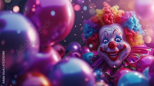 An image depicts a vivid scene featuring a clown with a whimsical expression, adorned with a classic red nose, rainbow-colored hair, and face paint. The clown is emerging from a cluster of glossy ball