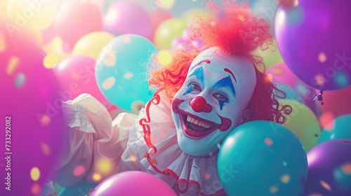 The image captures a cheerful clown with a bright red wig, a face painted with traditional white makeup adorned with blue and red accents, and a large smile. The clown is wearing a ruffled collar and 