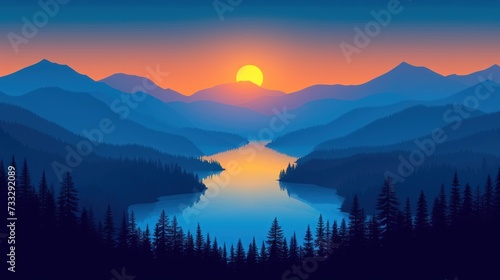 a painting of the sun setting over a lake in the middle of a mountain range with pine trees in the foreground.